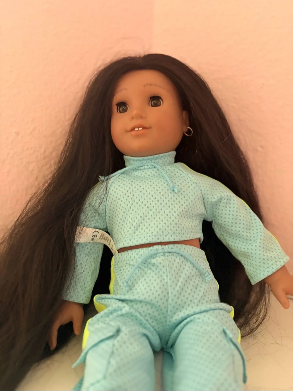 American Girl doll and  Light Blue Doll Tracksuit with Neon Yellow Accents